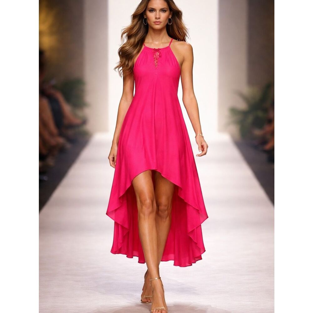 Mlle Gabrielle Hot Pink Halter Top with Floral Lace